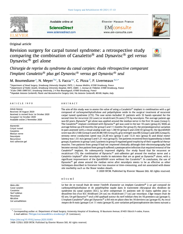 Revision surgery for carpal tunnel syndrome: comparing Canaletto and Dynavis vs Dynavisic alone, Hand Surg. and Rehab., Boumediane 2021