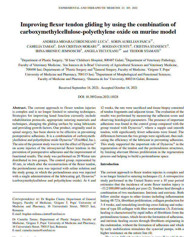 Improving flexor tendon gliding by using the combination of CMC PEO on murine model, Exper and Therap Med, Luca 2022