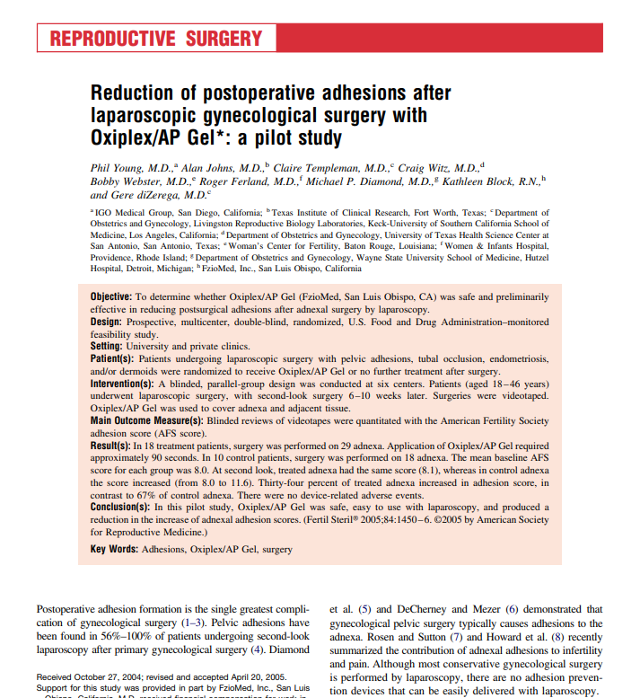 Reduction of postoperative adhesions after laparoscopic gynecological surgery with Oxiplex/AP Gel: a pilot study, Reporductive Surgery, Young 2005